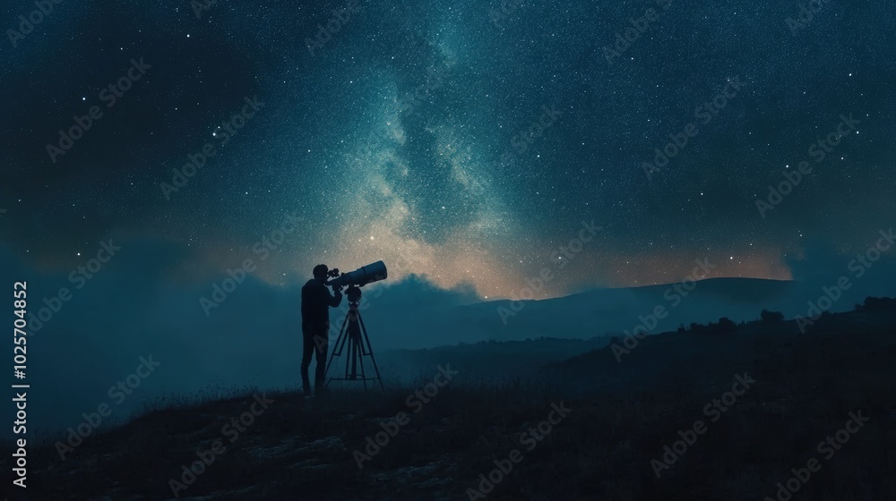 Fototapeta premium A lone astronomer setting up a telescope on a hillside at night, with a stunning view of the Milky Way and glowing stars reflecting their wonder