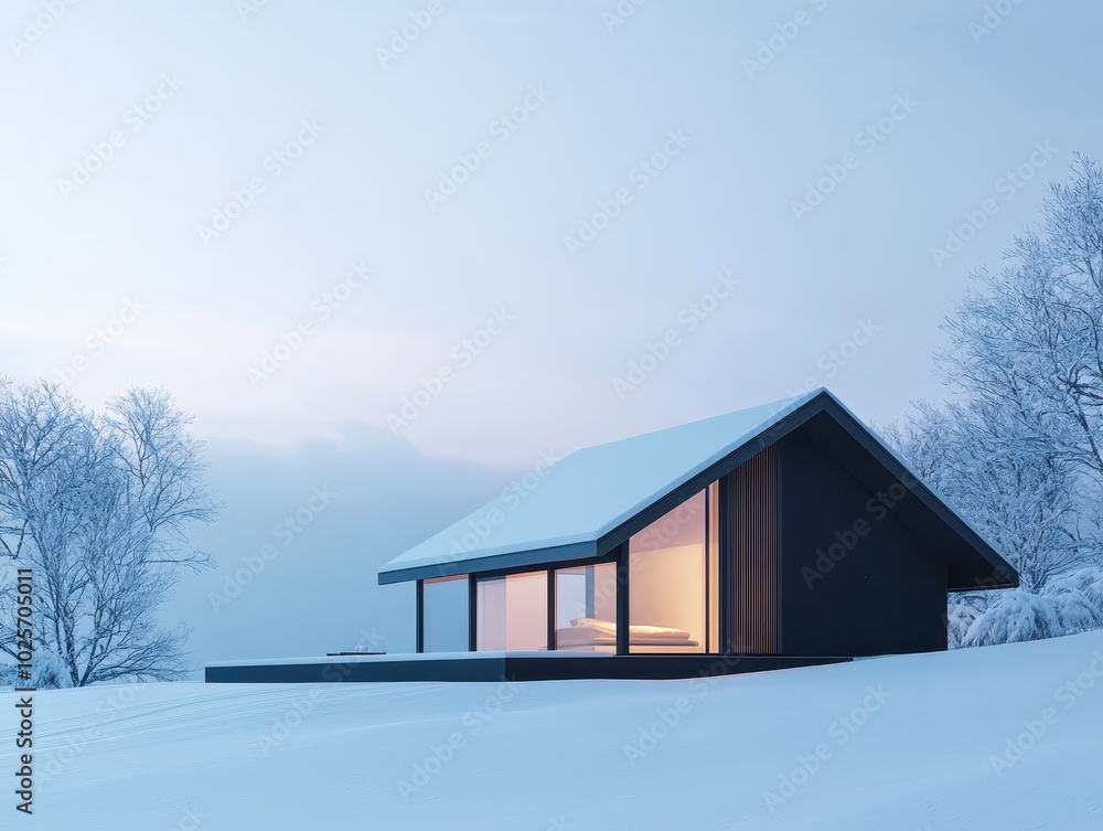 Modern cabin with large windows, surrounded by snow-covered landscape and serene winter scenery at dusk, warm light glowing from inside. Modern cabin with large windows, surrounded by snow-covered landscape and serene winter scenery at dusk, warm light glowing from inside.