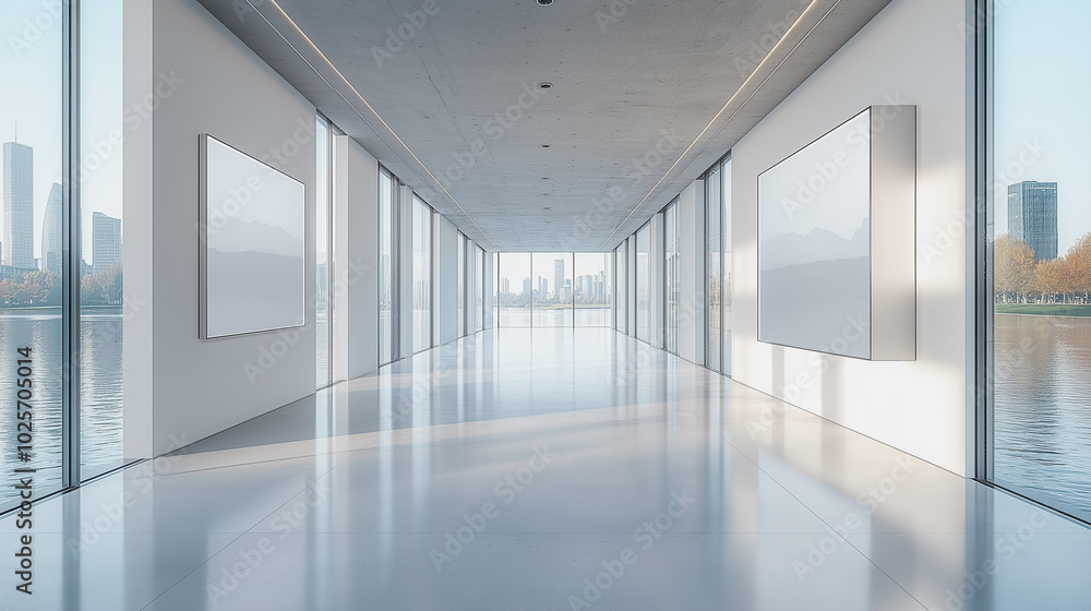 A large, empty room with a white wall and a window. The room is empty and has a very clean, modern look A large, empty room with a white wall and a window. The room is empty and has a very clean, modern look