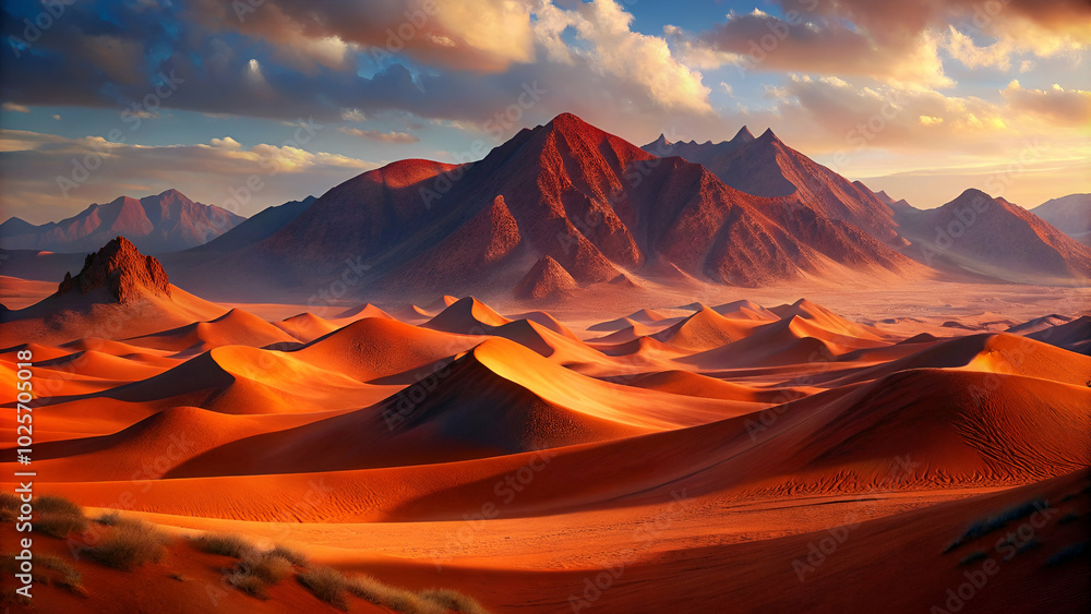 Naklejka premium Red sand dunes leading up to rugged mountains in the background, creating a dramatic and expansive view
