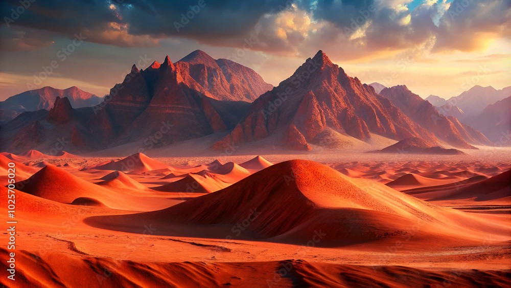 Naklejka premium Red sand dunes leading up to rugged mountains in the background, creating a dramatic and expansive view