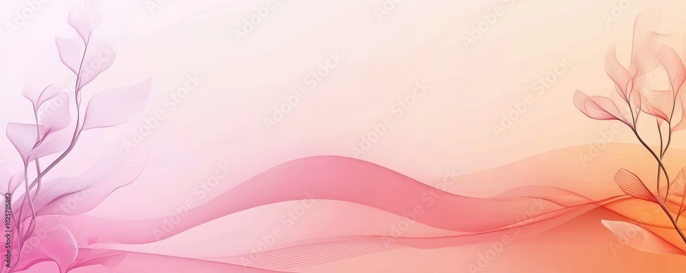 Abstract floral background with soft pink and orange hues, delicate leaves, and flowing lines creating a serene and elegant design. Abstract floral background with soft pink and orange hues, delicate leaves, and flowing lines creating a serene and elegant design.