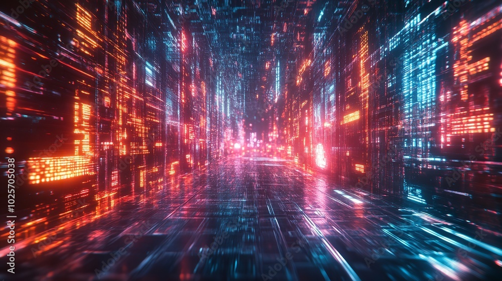 Fototapeta premium Abstract Digital Cityscape with Glowing Pink and Blue Lights