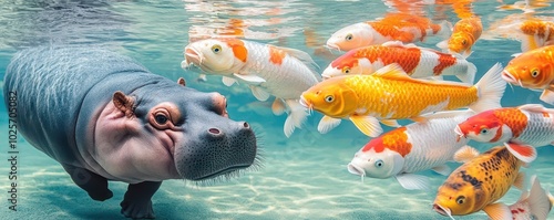 A pygmy hippo swimming alongside a group of colorful koi fish in a clear pond, with soft sunlight creating gentle reflections on the water s surface photo