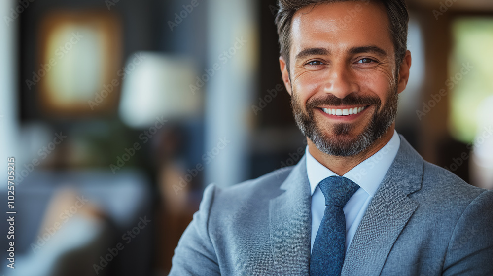 A man in a suit and tie is smiling and posing for a picture. Concept of confidence and professionalism A man in a suit and tie is smiling and posing for a picture. Concept of confidence and professionalism