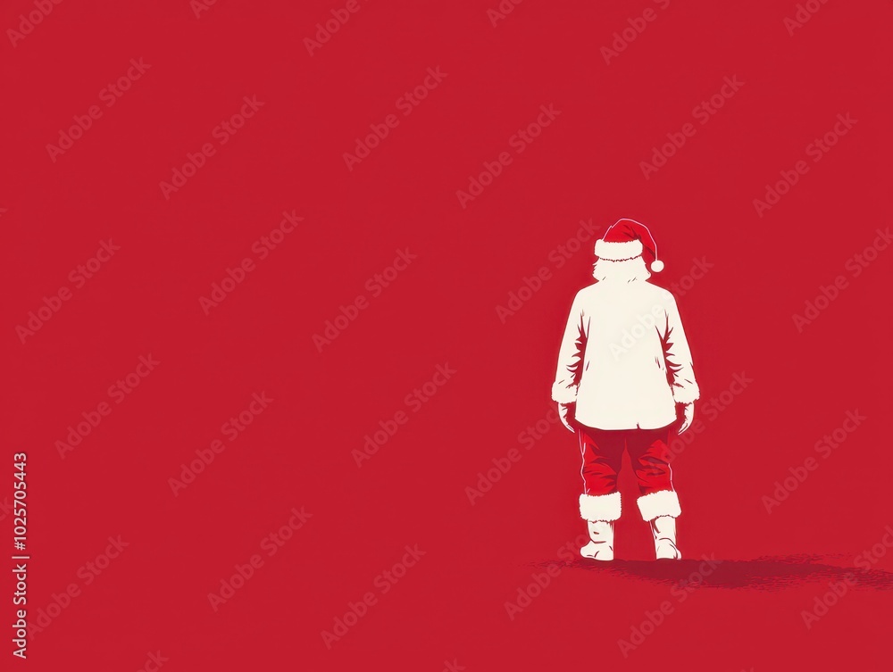 Minimalist illustration of a person in a Santa hat and winter outfit, standing against a red background. Christmas holiday theme. Minimalist illustration of a person in a Santa hat and winter outfit, standing against a red background. Christmas holiday theme.