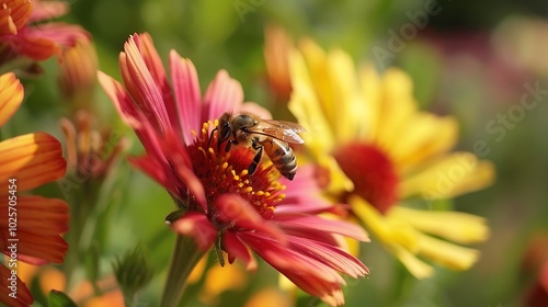Close up a bee is resting on a red blanket flower in the background of a garden