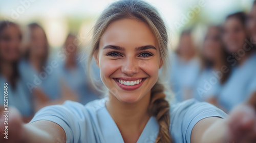 Free Download A woman with blonde hair and blue shirt is smiling and taking a picture of herself. Concept of happiness and positivity - GFXLoad