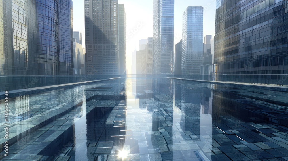 Rooftop Pool Reflecting City Skyline with Glass Buildings Rooftop Pool Reflecting City Skyline with Glass Buildings