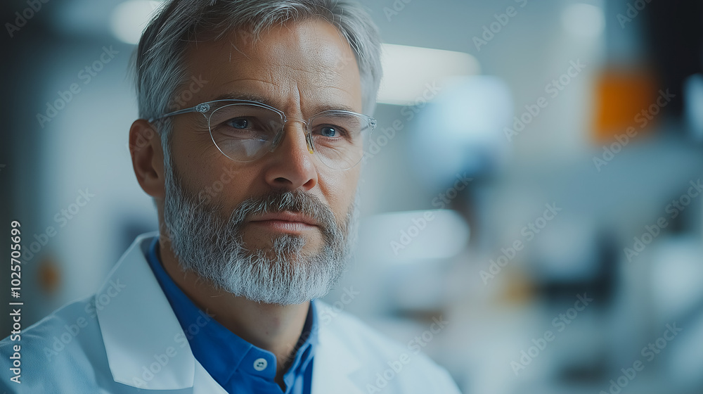A man with glasses and a white lab coat is looking at the camera. He is a scientist or a doctor A man with glasses and a white lab coat is looking at the camera. He is a scientist or a doctor