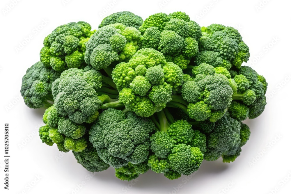 An aerial perspective showcases fresh broccoli on a white backdrop, perfect for culinary exploration and nutritional analysis, highlighting its rich color and fresh characteristics. An aerial perspective showcases fresh broccoli on a white backdrop, perfect for culinary exploration and nutritional analysis, highlighting its rich color and fresh characteristics.