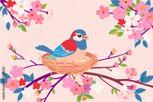 Colorful Bird Nesting Among Spring Blossoms Illustration