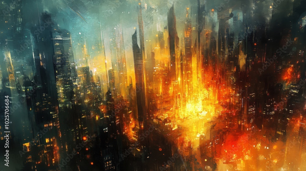 Fototapeta premium A glowing, abstract cityscape that changes shape and form based on the viewer's emotions, representing the ever-shifting nature of society