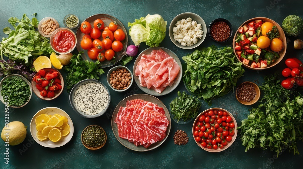 A colorful array of fresh vegetables, fruits, and meats artfully arranged on a green background for a vibrant display of healthy food choices. A colorful array of fresh vegetables, fruits, and meats artfully arranged on a green background for a vibrant display of healthy food choices.