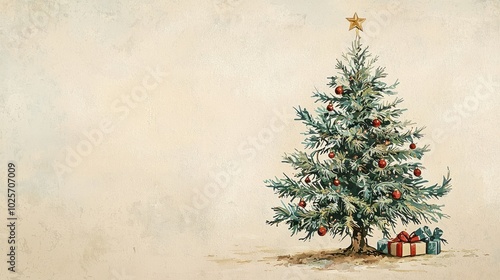 Vintage Christmas tree with ornaments and presents on a textured background. Holiday decoration, festive, nostalgic atmosphere.