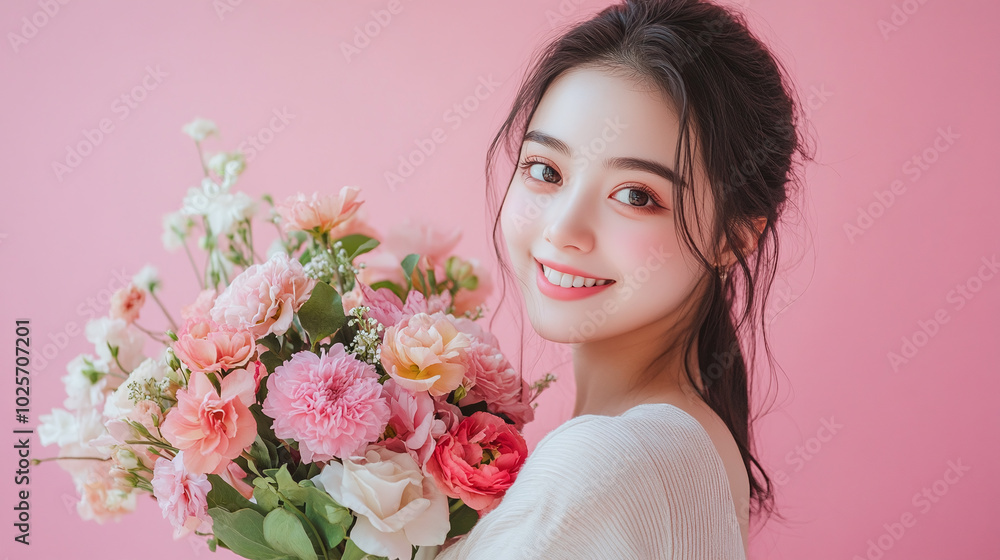 A charming florist with a bouquet, against a soft pastel pink backdrop A charming florist with a bouquet, against a soft pastel pink backdrop