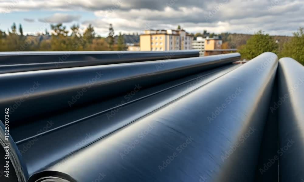 Rolled black roofing material on a flat surface, ready for installation. Rolled black roofing material on a flat surface, ready for installation.