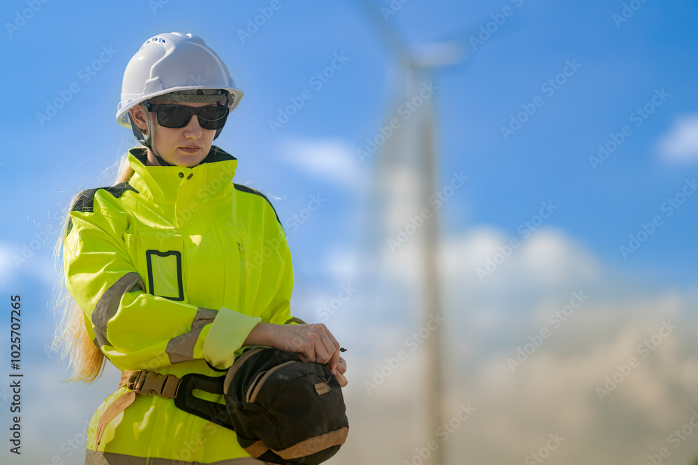 An engineer in high visibility work gear points toward a wind turbine in the background. The scene highlights renewable energy and the professional's involvement in wind farm operations. An engineer in high visibility work gear points toward a wind turbine in the background. The scene highlights renewable energy and the professional's involvement in wind farm operations.