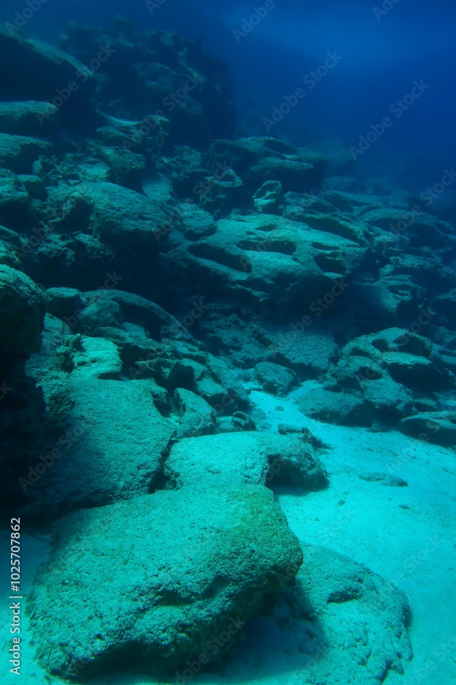 Fototapeta premium Deeper seabed, rocks and seascape in the blue water. Seabed with stones, underwater photography from scuba diving. Undersea empty calm landscape, adventure scuba diving.