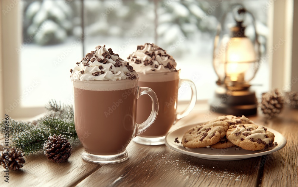 A cozy winter window scene with frost-covered glass, a snow-covered landscape outside, and twinkling Christmas lights reflecting in the window A cozy winter window scene with frost-covered glass, a snow-covered landscape outside, and twinkling Christmas lights reflecting in the window