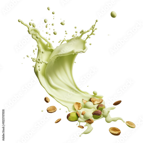 A splash of green pistachio cream with scattered nuts on a plain background