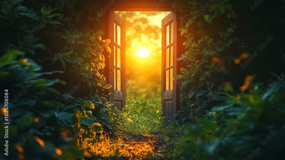 Open Door to a New Beginning with Sunset Light Open Door to a New Beginning with Sunset Light