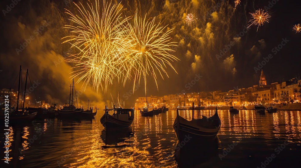 Fototapeta premium Beautiful yellow fireworks light up the sky during the Marsaxlokk religious feast in Malta, with boats below, celebrating tal-Madonna
