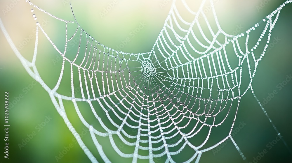 Naklejka premium A close-up macro shot of a dew-covered spider web