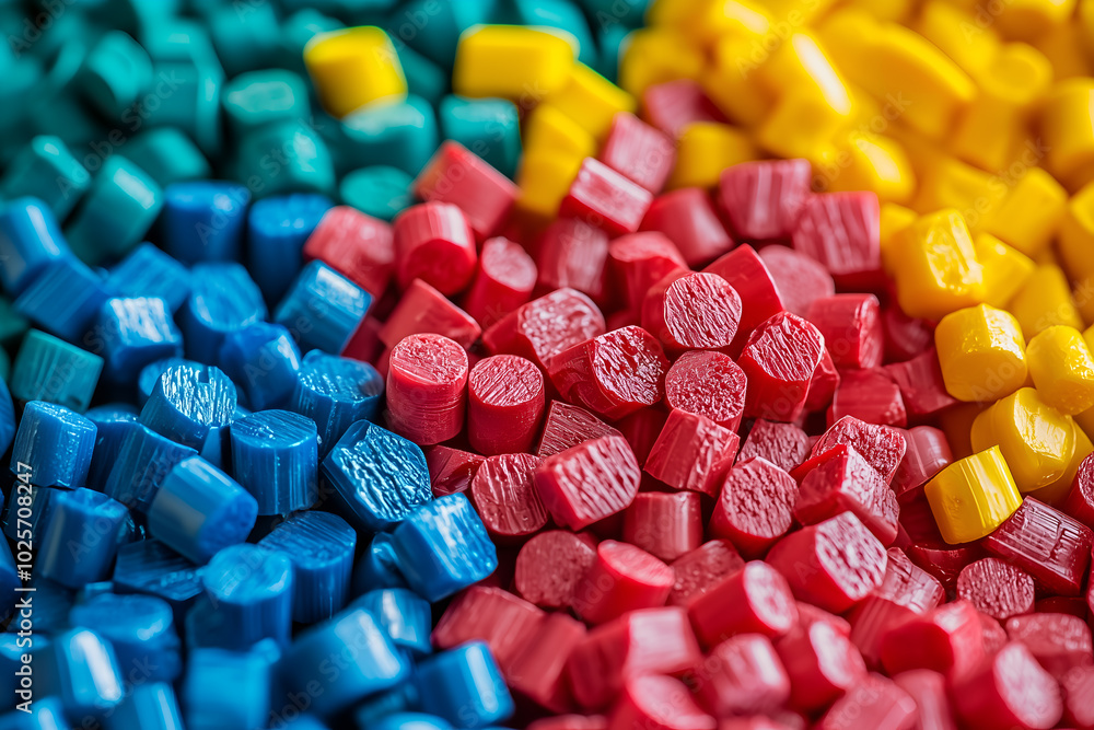 Close-up of small colored PET plastic pellets. Used as pigments to mix with white or clear plastic to achieve the desired color before forming various objects. And can be recycled. Close-up of small colored PET plastic pellets. Used as pigments to mix with white or clear plastic to achieve the desired color before forming various objects. And can be recycled.