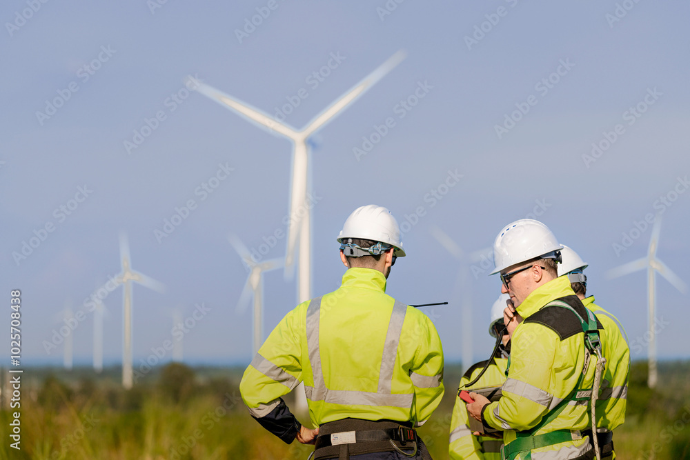 A team of engineers in high visibility safety gear stand together at a wind farm, conducting inspections and discussing renewable energy projects. Wind turbines surround them under a clear sky. A team of engineers in high visibility safety gear stand together at a wind farm, conducting inspections and discussing renewable energy projects. Wind turbines surround them under a clear sky.