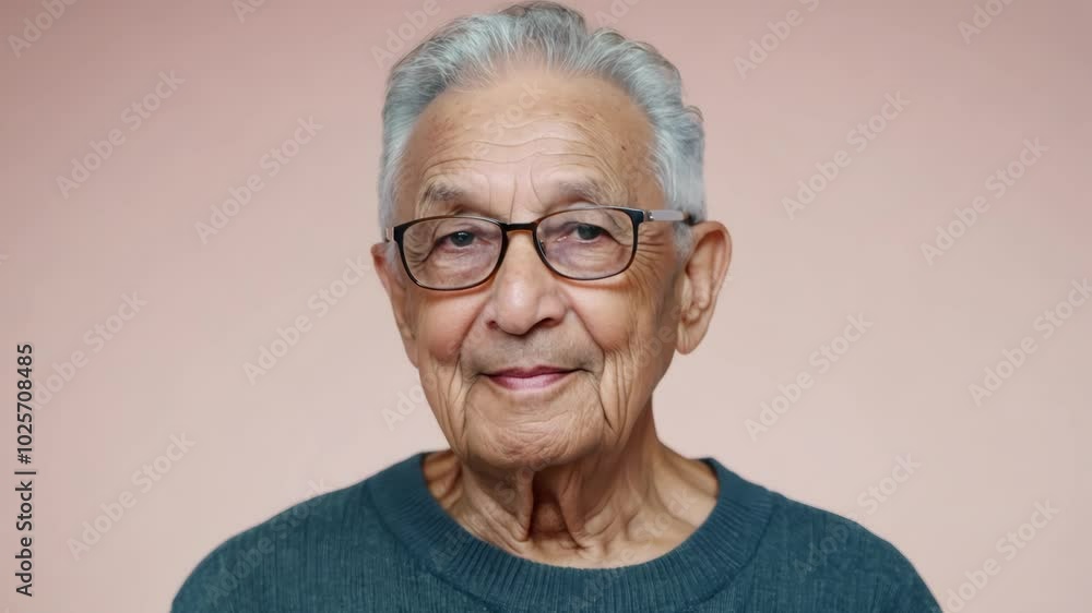 Confident elder man with glasses and blue sweater against neutral background Confident elder man with glasses and blue sweater against neutral background