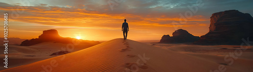 Wallpaper Mural A lone traveler walks across a sand dune towards a breathtaking desert sunset. Torontodigital.ca