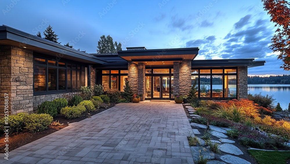 Elegant stone exterior with large windows and a modern front door Elegant stone exterior with large windows and a modern front door