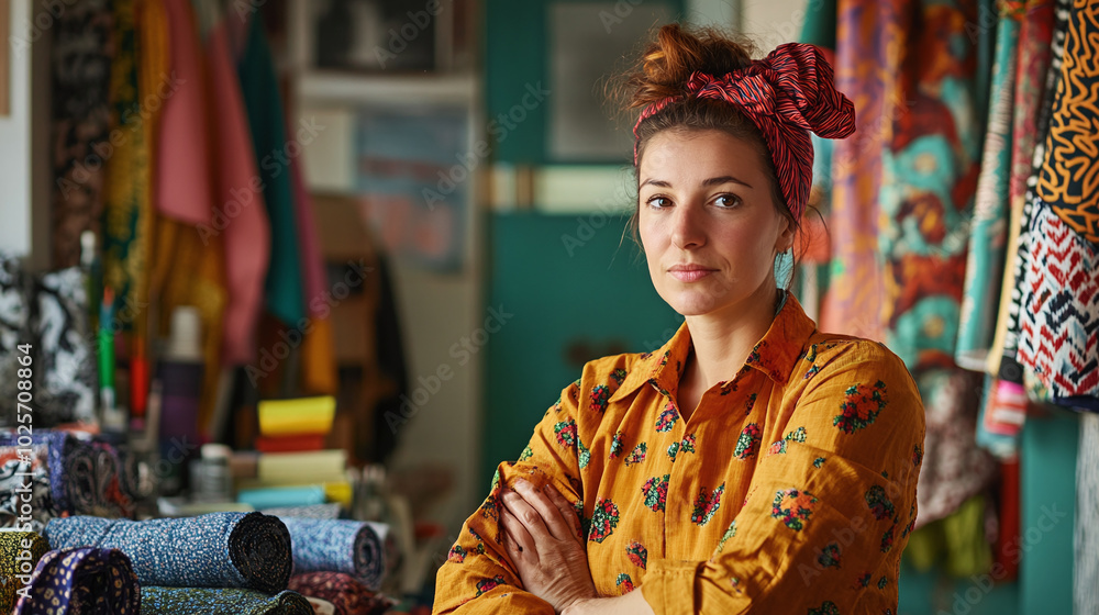 A skilled fabric designer in a workshop, surrounded by colorful fabrics and patterns, looking creatively at the camera A skilled fabric designer in a workshop, surrounded by colorful fabrics and patterns, looking creatively at the camera