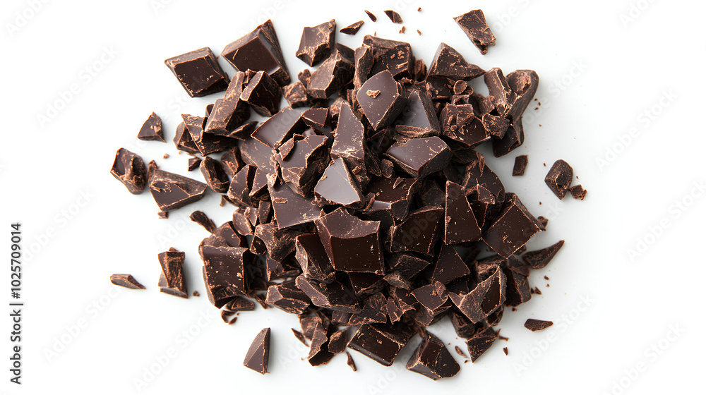 Pile chopped, milled dark chocolate isolated on white, top view Pile chopped, milled dark chocolate isolated on white, top view