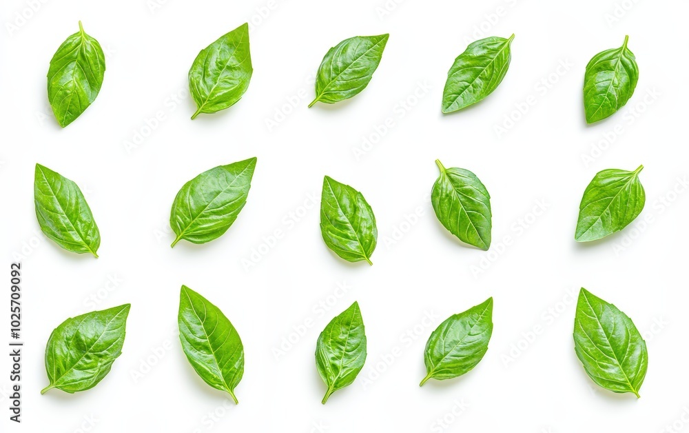 A high-resolution image of fresh, bright green basil leaves isolated on a pure white background A high-resolution image of fresh, bright green basil leaves isolated on a pure white background