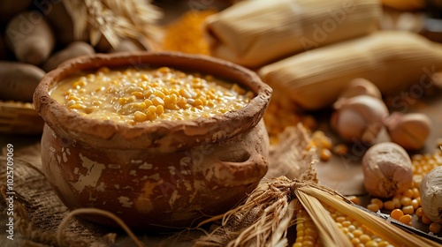 Corn dough nixtamalized in a clay pot to prepare tamales typical food photo