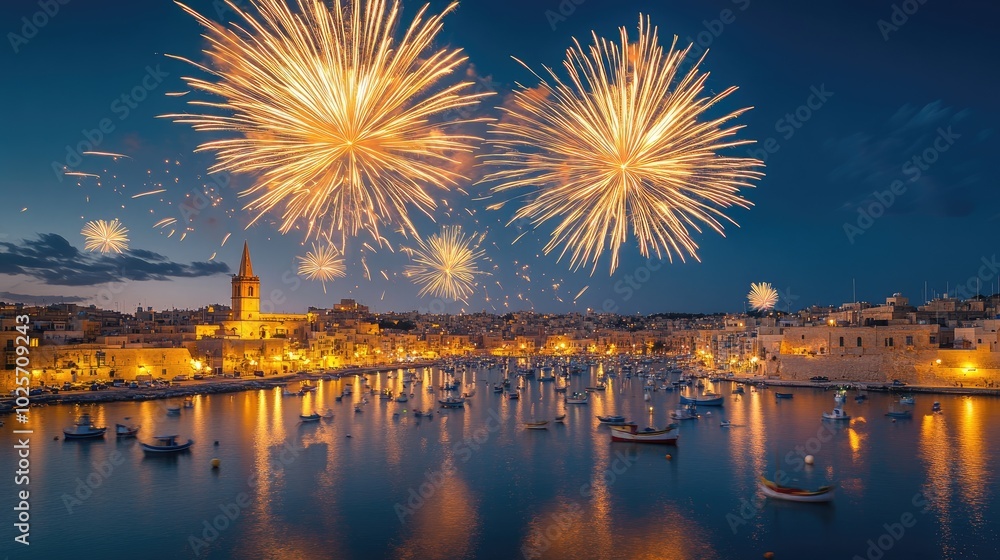 Bright yellow fireworks decorate the night sky over Marsaxlokk fishing village, Malta, celebrating the tal-Madonna Bright yellow fireworks decorate the night sky over Marsaxlokk fishing village, Malta, celebrating the tal-Madonna