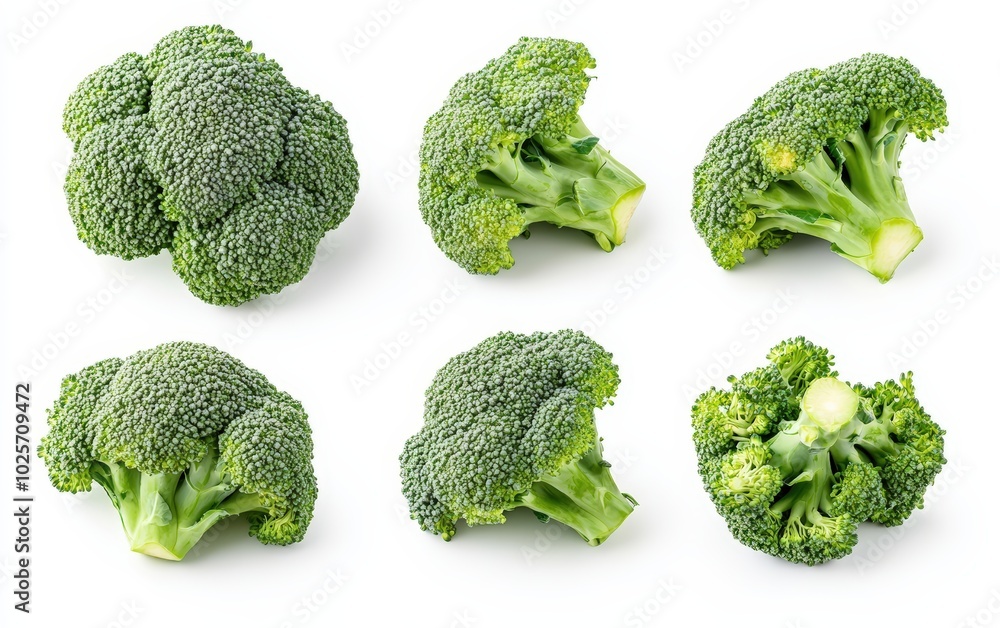 A high-resolution image of fresh, vibrant green broccoli florets isolated on a pure white background. A high-resolution image of fresh, vibrant green broccoli florets isolated on a pure white background.