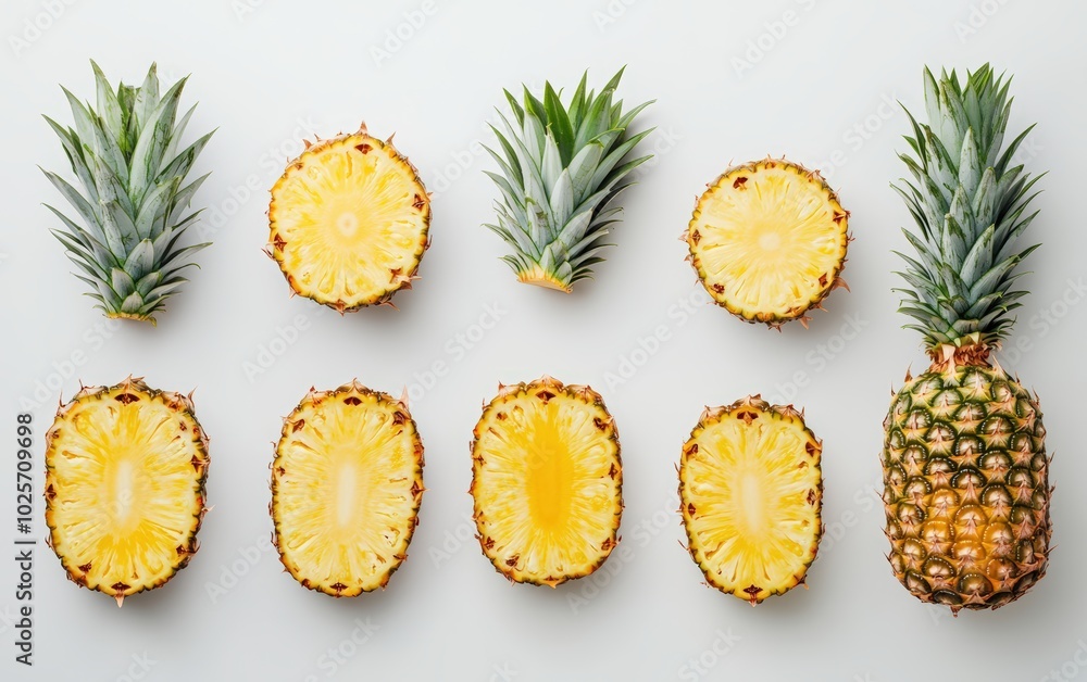 A high-resolution image of fresh, vibrant pineapples isolated on a pure white background. A high-resolution image of fresh, vibrant pineapples isolated on a pure white background.
