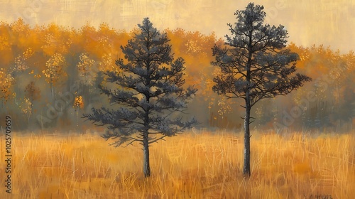 Wallpaper Mural Couple pines in a yellow autumn field Torontodigital.ca