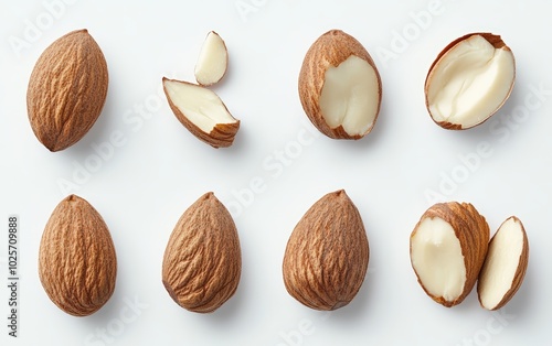 A high-resolution image of fresh, whole almonds isolated on a pure white background.