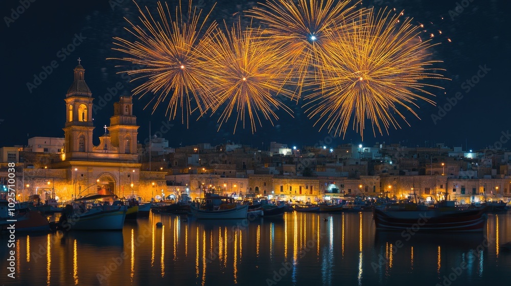 Bright yellow fireworks decorate the night sky over Marsaxlokk fishing village, Malta, celebrating the tal-Madonna Bright yellow fireworks decorate the night sky over Marsaxlokk fishing village, Malta, celebrating the tal-Madonna
