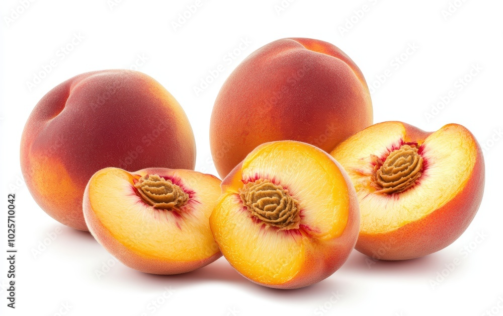 A high-resolution image of perfectly ripe, fuzzy peaches isolated on a pure white background. A high-resolution image of perfectly ripe, fuzzy peaches isolated on a pure white background.