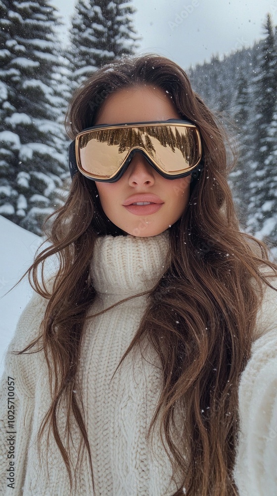 A woman with long brown hair is wearing a white sweater and goggles A woman with long brown hair is wearing a white sweater and goggles