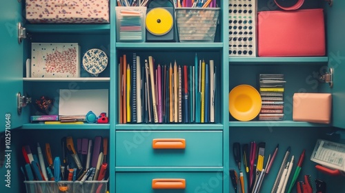 An open cabinet with shelves and drawers filled with colorful art supplies and stationery.