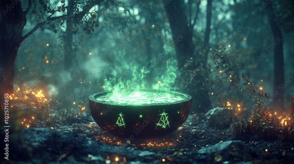A bubbling cauldron in the middle of a haunted forest, filled with glowing green liquid and surrounded by swirling mist and magic symbols