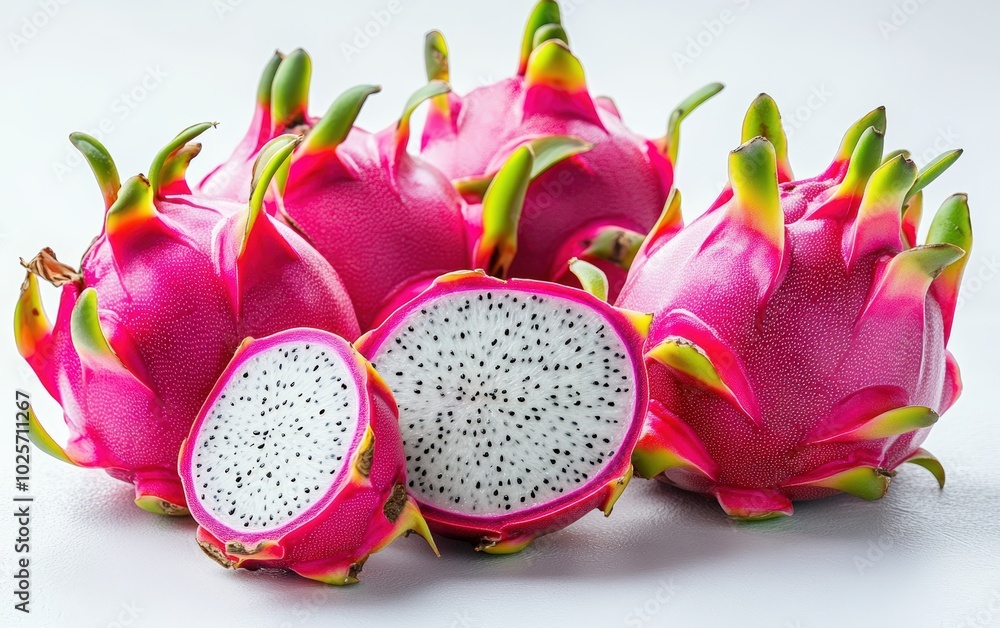 A high-resolution image of vibrant pink dragon fruit isolated on a pure white background. A high-resolution image of vibrant pink dragon fruit isolated on a pure white background.
