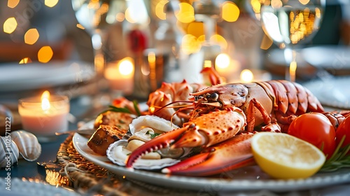 Delicious plate of sea food served on a table ready to start a romantic dinner