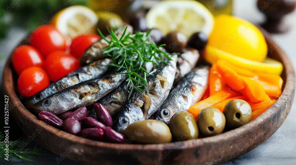 Traditional fish platter with anchovies, olives, and pickled vegetables on a rustic dish Traditional fish platter with anchovies, olives, and pickled vegetables on a rustic dish